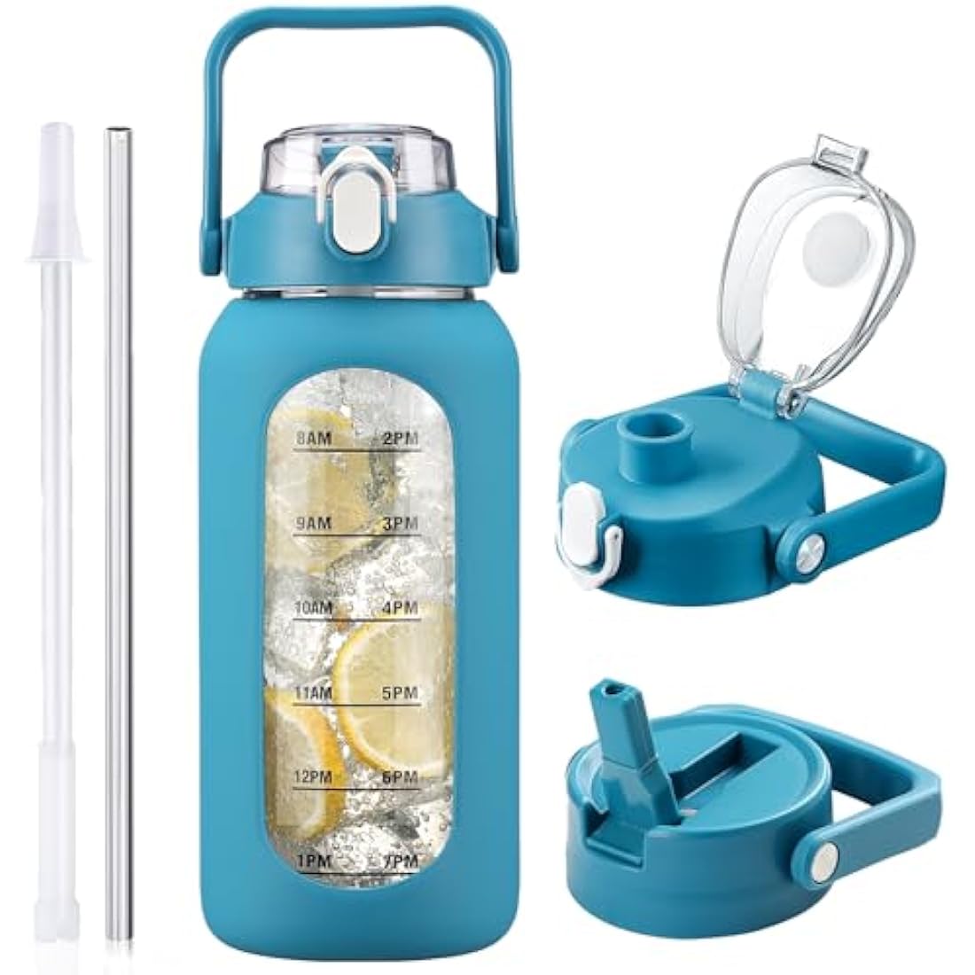 HYDRAGLAZIC 2L Glass Water Bottle with 2 Lids Flip and Chug Lids 2 Liter Large Water Jug with Time Marker and Silicone Sleeve BPA Free Leak-proof for Sports Gym, Blue