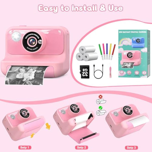 Hangrui Kids Camera Instant Print, 2.4'' Instant Camera for Kids, 1080P Children Cameras with 32GB Card & 3 Rolls Photo Paper, Christmas Birthday Gifts Toys for Girls & Boys Aged 3-12 -Pink