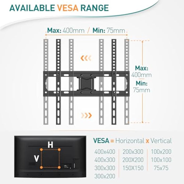 ELIVED TV Wall Bracket Tilt and Swivel TV Mount for Most 26"-65" LCD, LED, OLED Flat/Curved TVs with Max. VESA 400x400mm up to 40KG, Full Motion Wall Mount with Strong Double Arms, EV010