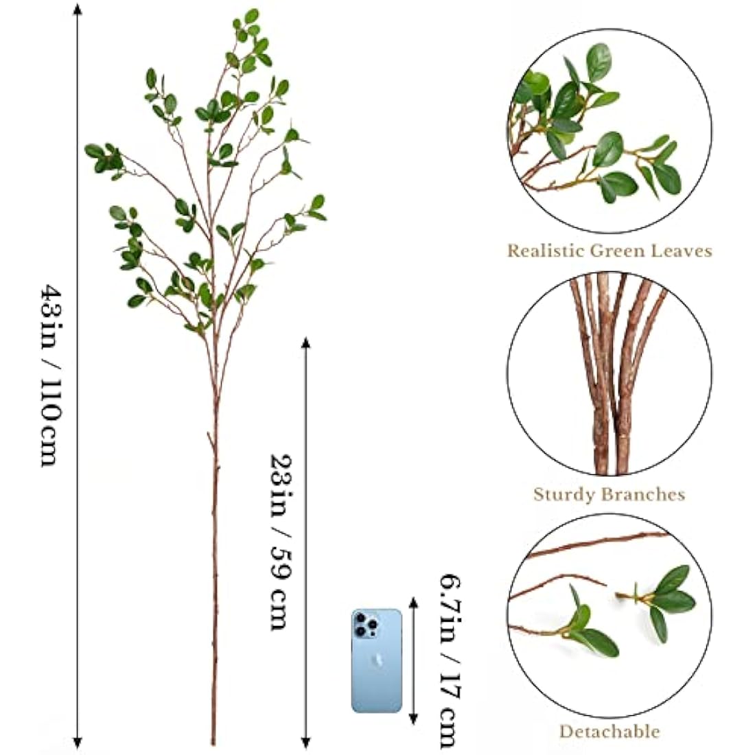 Dremisland 3Pcs Artificial Ficus Branches Faux Leaf Spray 43.3inch Artificial Greenery Stems Green Eucalyptus Branches Fake Ficus Twig Plants Bushes Shrubs for Vase Filler Home Wedding Office Decor
