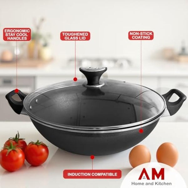 AM Home and Kitchen: 32cm Induction Wok Non Stick with Glass Lid | Versatile Frying Pan, Cookware, Saucepan, Paella Pan, Stock Pot, Stir-Fry & Deep Griddle, with Steam Vent