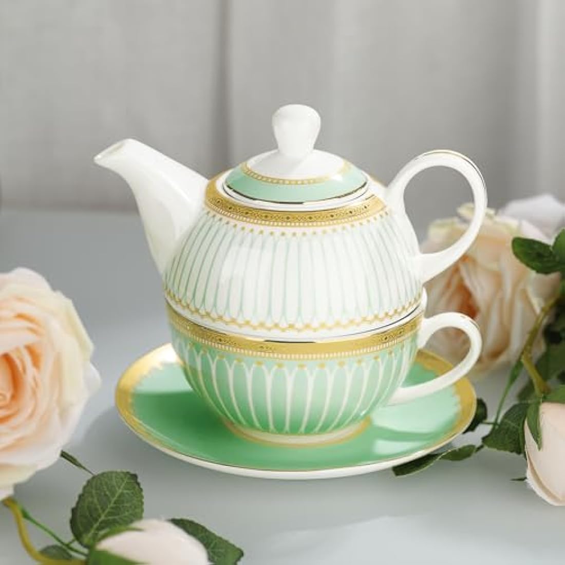 fanquare Teapot Cup and Saucer Set, British Afternoon Tea Set for One with Gold Trim, Porcelain Teapot for Adults Gift, Green Stripes