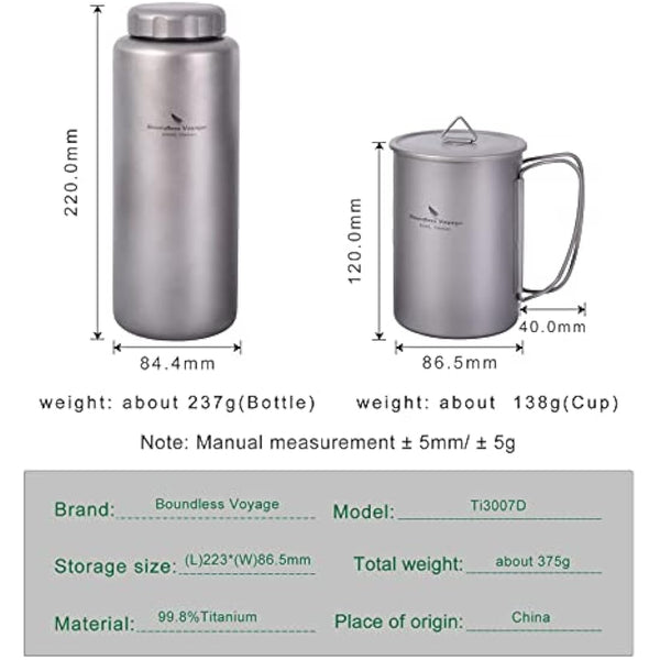 iBasingo 1050ml Titanium Bottle with 600ml Nesting Cup Outdoor Camping Single Layer Wide Mouth Cookware Lightweight Portable Big Capacity Bottle Mug Set Hiking Picnic Solo Cooking Mess Kit Ti3007D