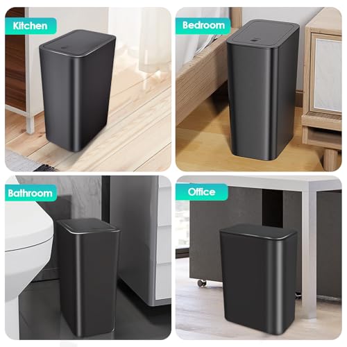 Kssvzz 3 Pack Small Bathroom Bin with Lid, 10L Plastic Touch Top Bedroom Bin, Slim Toilet Bin Anti-Odour, Square Waste Bin for Kitchen/Office, Fits Under Sink/Desk/Cabinet (Black)