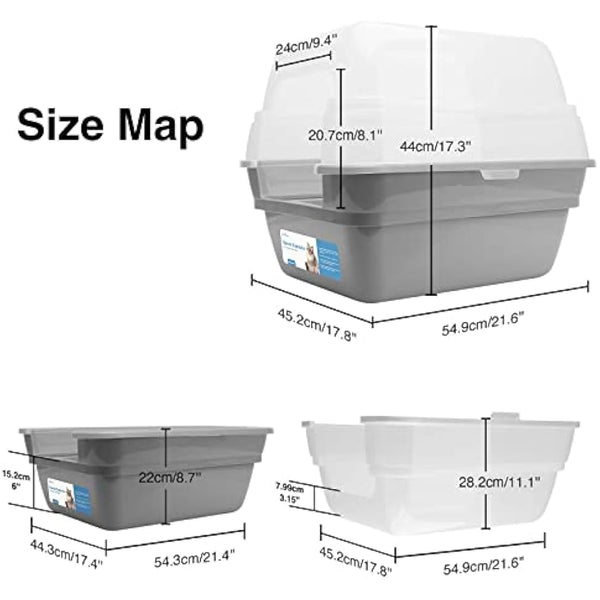 Petfamily Cat Litter Box with Hood - 3-in-1 Foldable cat litter Tray with Transparent Cover, Large Hooded Cat Toilet with Anti-Leak Design, Spacious Covered Litter Pan for Multiple Cats Grey