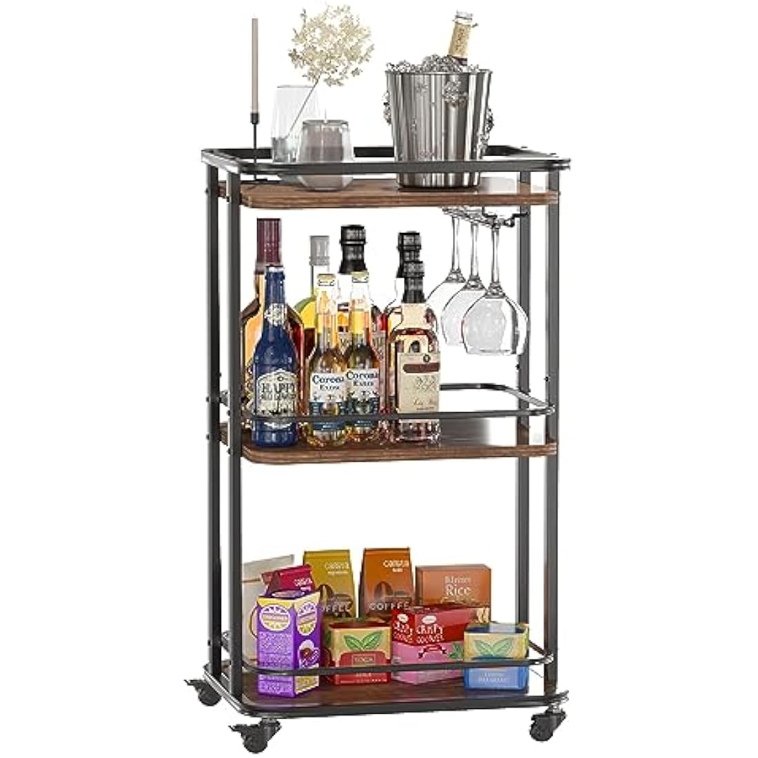 IBUYKE 3-Tier Home Bar Serving Cart,Kitchen Storage Carts With Wheels,11.79x15.72x33.01 inches,Rolling Mini Bar Cart for Home, Outdoor, Kitchen, Bedroom, Living Room TMJ319H