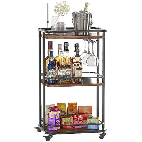 IBUYKE 3-Tier Home Bar Serving Cart,Kitchen Storage Carts With Wheels,11.79x15.72x33.01 inches,Rolling Mini Bar Cart for Home, Outdoor, Kitchen, Bedroom, Living Room TMJ319H