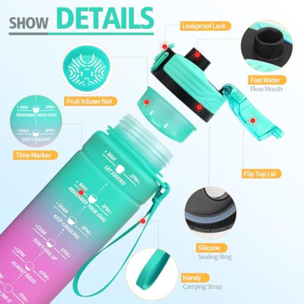 Niggeey 500ml & 700ml & 1000ml Motivational Water Bottle with Time Marker, Sports Water Bottles, Leak Proof BPA Free Tritan Drink Bottle for Kids, Men, Women, Running, Cycling, School, Gym and Sport