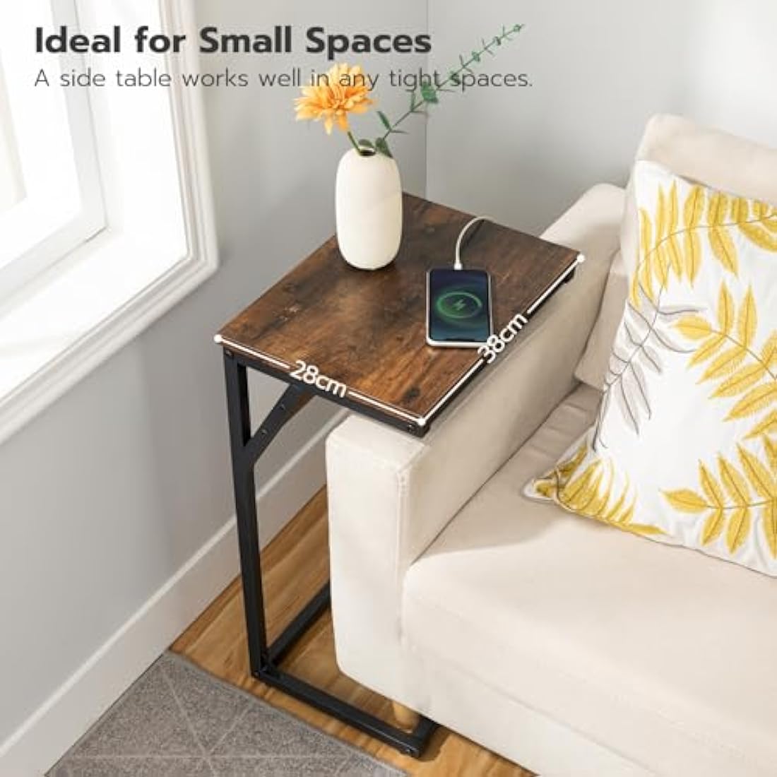 HOOBRO C Shaped Side Table, Sofa Side Table with Charging Station, 2 Plug Sockets and 2 USB Ports, Narrow Bedside Table for Small Spaces, Laptop Table for Sofa, Rustic Brown and Black EBF06KSF01