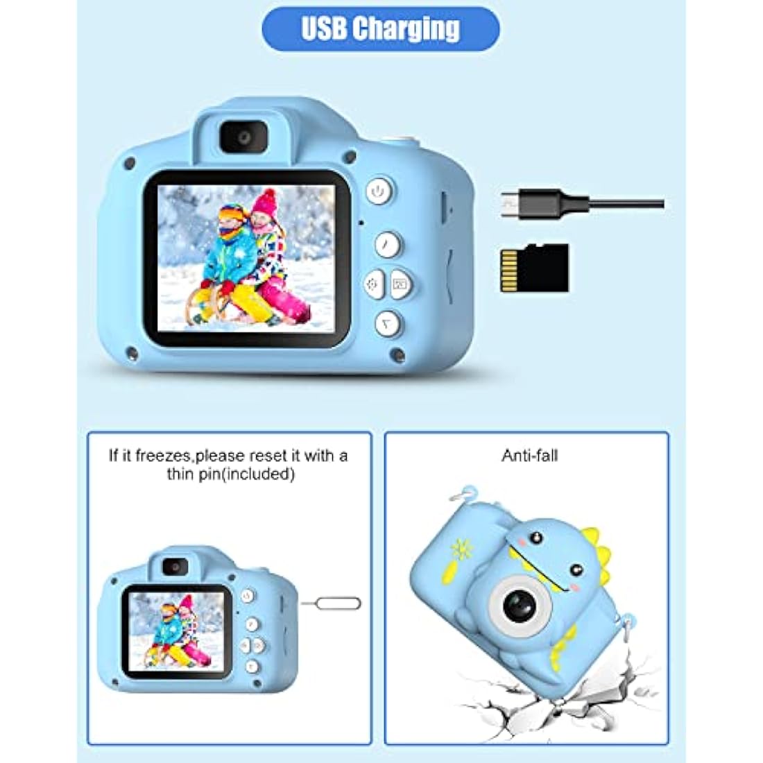 Hangrui Kids Camera, 20MP Kids Digital Dual Lens Cameras with Silicone Case 2.0 Inch IPS Screen 1080P Video Camcorder, 32GB Card,Shockproof Childrens Camera Toy for Boys & Girls Age 3-12(Blue)