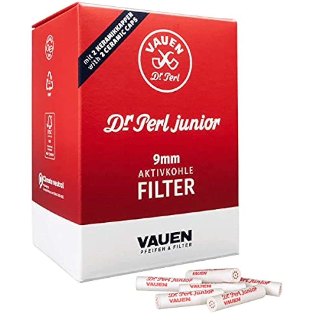 Dr. Perl Filter Junior Activated Carbon Filter Large 9mm Ju-Max 2 x 180 Vauen, Carbon, Red, 10 x 8 x 5 cm