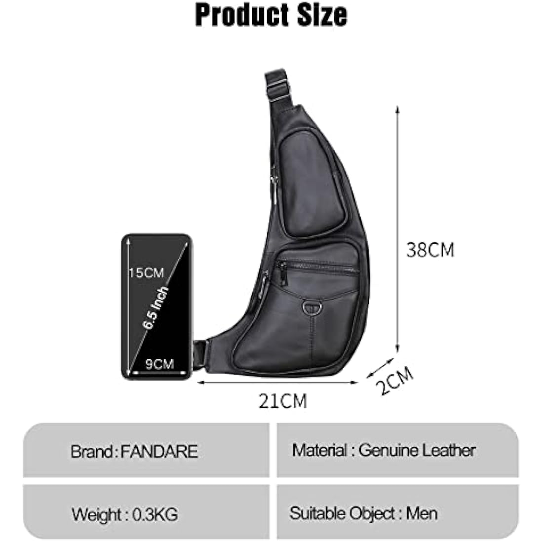 FANDARE Retro Sling Bag - Genuine Leather Chest Crossbody Bag for Business Travel Hiking Bicycle Sport Gym Pack - Black