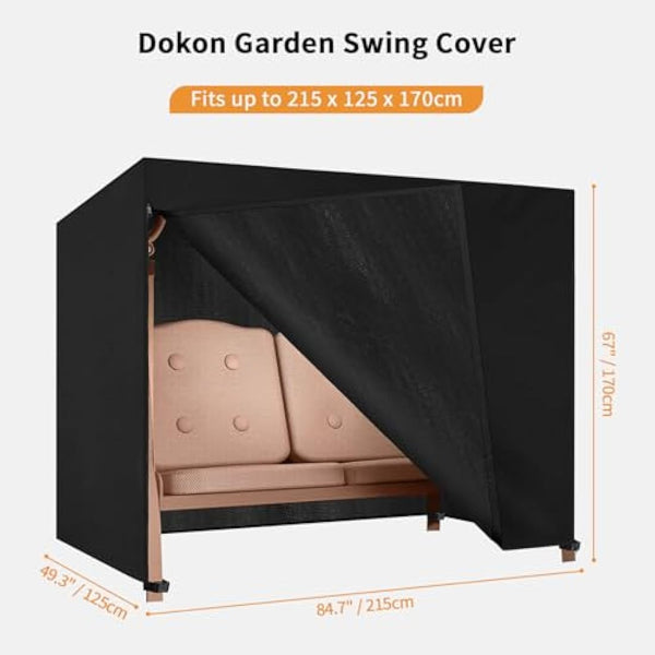 Dokon 3 Seater Garden Swing Covers Waterproof Heavy Duty Oxford Fabric Outdoor Swinging Chair Cover Windproof Anti-UV Patio Garden Hammock Cover with Zips (215x125x170cm) - Black