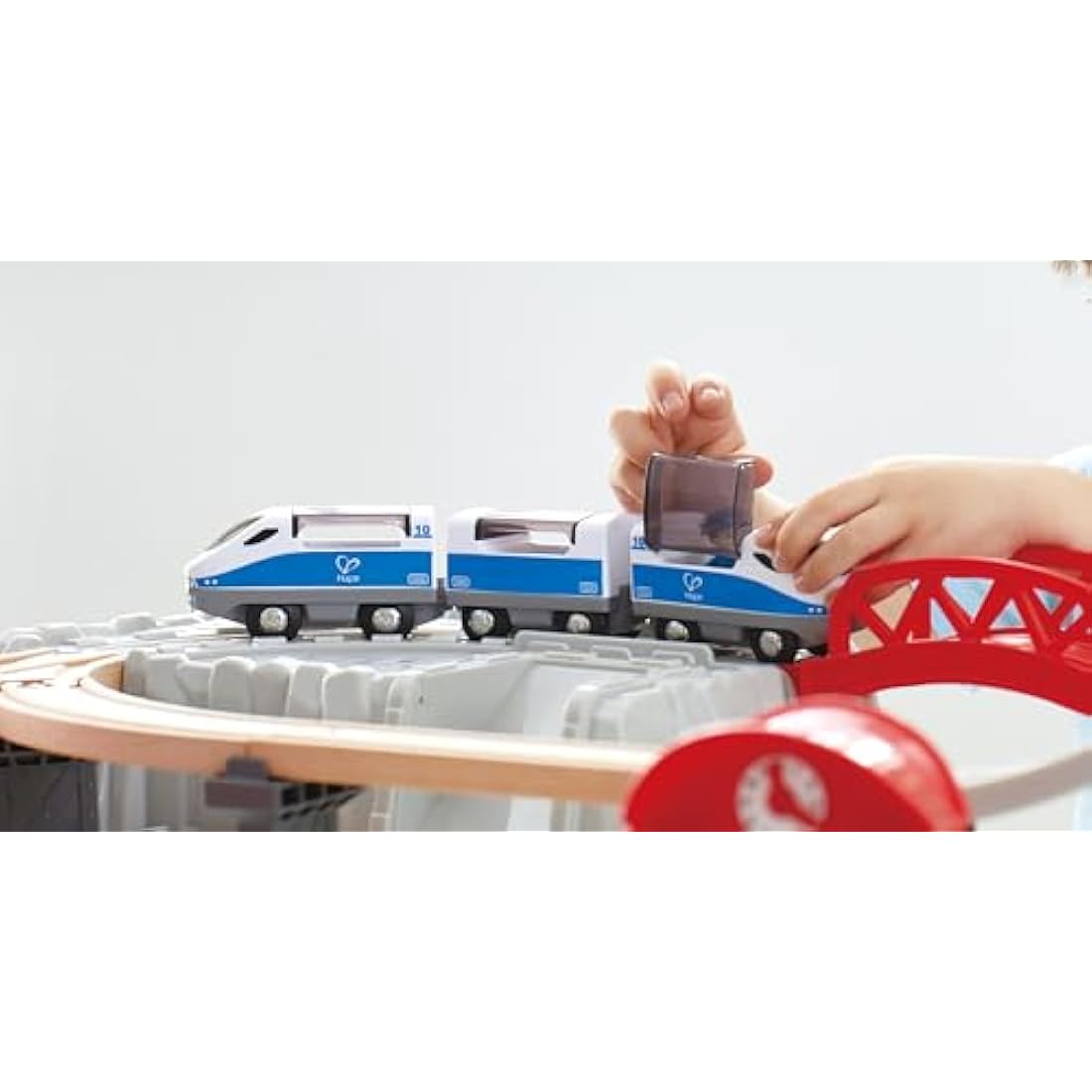 Hape City Railway and Train Bucket Set Toy with storage box that forms part of the scene, Ages 3 and up