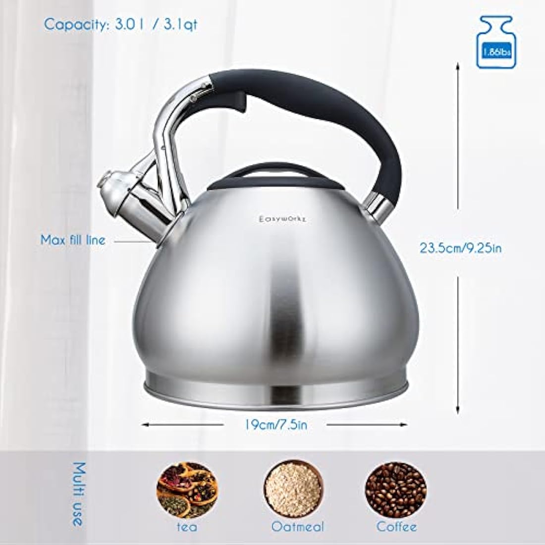 Easyworkz Whistling Stovetop 3.0l Tea Kettle Food Grade Stainless Steel Hot Water Tea Pot with Loud Whistle