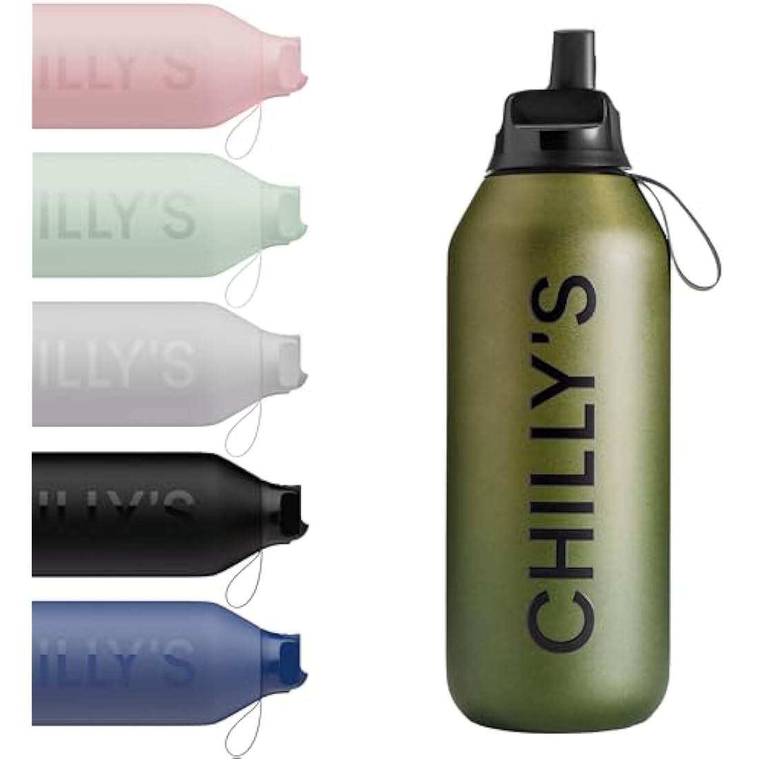 Chilly's Series 2 Flip Water Bottle with Sports Lid, Telescopic Straw and Nylon Carry Loop - Easy Flip Lid, Straw Cleaning Brush Included