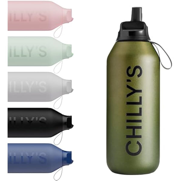 Chilly's Series 2 Flip Water Bottle with Sports Lid, Telescopic Straw and Nylon Carry Loop - Easy Flip Lid, Straw Cleaning Brush Included