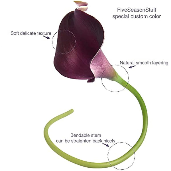 FiveSeasonStuff 10 Stems of Real Touch Calla Lilies Artificial Flower Bouquet, Perfect for Wedding, Bridal, Party, Home Office Décor DIY (Totally Dark Magenta)