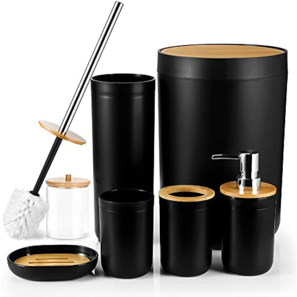 JOTOM 7 Pieces Bamboo Bathroom Accessories Bathroom Accessory Set Luxury Plastic Bath Accessories Set Toothbrush Holder Tumbler Toilet Brush Qtip Holder Soap Dish Trash Can Soap Dispenser (Black)
