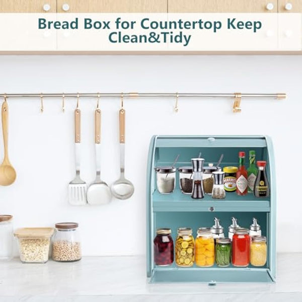 Dyserbuy Bread Bin, Bread Bins for Kitchen, Large Bread Box with Roll Top Lid, Double Metal Bread Container, Storage Bin for Fresh Loaves, Cookies, Pastries 30 x 25 x 33 cm (Green)