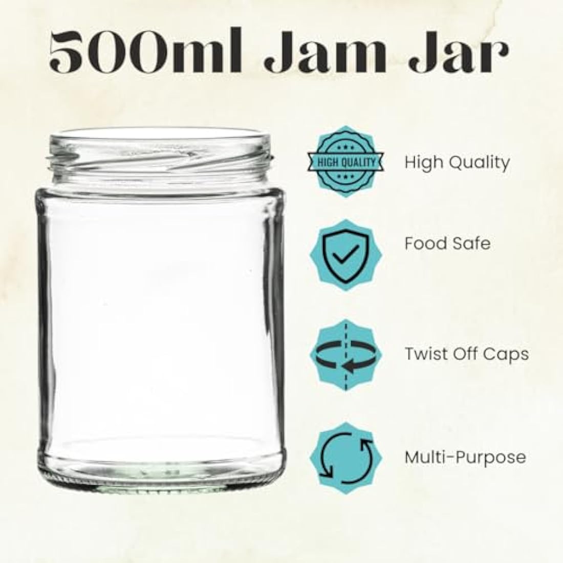 24 x 500ml Glass Jam Jars with Gold Lids – Round Glass Jars for Jams, Chutneys, Pickles, Sauces & Preserves – 82mm Twist-Off Lid