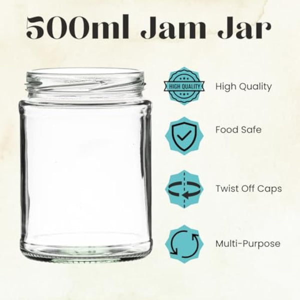 24 x 500ml Glass Jam Jars with Gold Lids – Round Glass Jars for Jams, Chutneys, Pickles, Sauces & Preserves – 82mm Twist-Off Lid