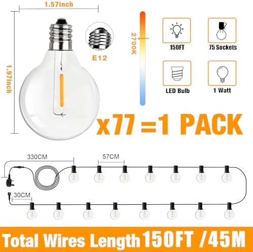 SUWIN 150FT Garden Light Main Powered, G40 LED Festoon Lights Outdoor, IP45 Waterproof String Lights with 75+2 Globe Bulbs, Outside Lights for Cafe,Party,Patio