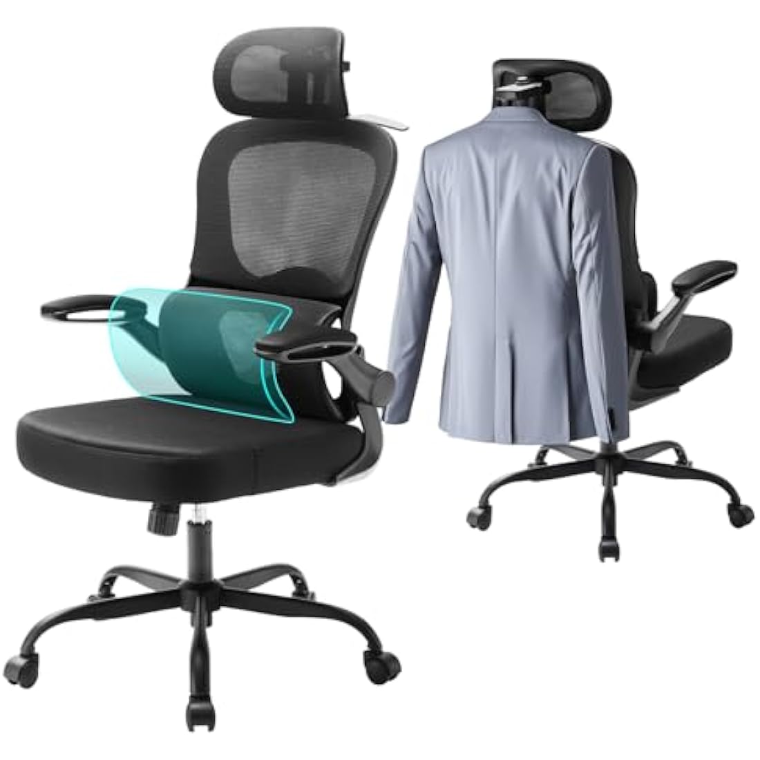 Aevoriax N56 Ergonomic Office Chair - Dual Backrest Design, Adjustable Lumbar Support, Thick Padded Seat, Flip-Up Armrests, Tilt Function - Ideal for Home Office, Gaming & Conference, Black