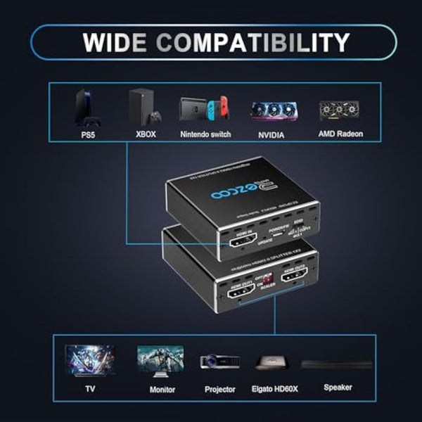 HDMI Splitter 4K 60Hz 1x2 1080P 120Hz HDCP HDR 18Gbps UHD D-olby Vision Atmos Scaler 4K EDID 1080P Dual Monitors HDMI 2.0 Splitter 1 in2 out for PS5,SkyQ,Xbox, Fire Stick BluRay Apple TV Projector