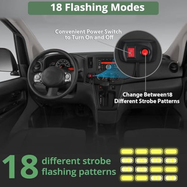 EYPINS 4W Amber Strobe Beacon Light - 4 LED, 18 Flash Modes, Double Switch, 12/24V with 3M Cigarette Lighter Cable - Emergency Hazard Warning Light for Trucks, Snow Plows, Rooftop Vehicles