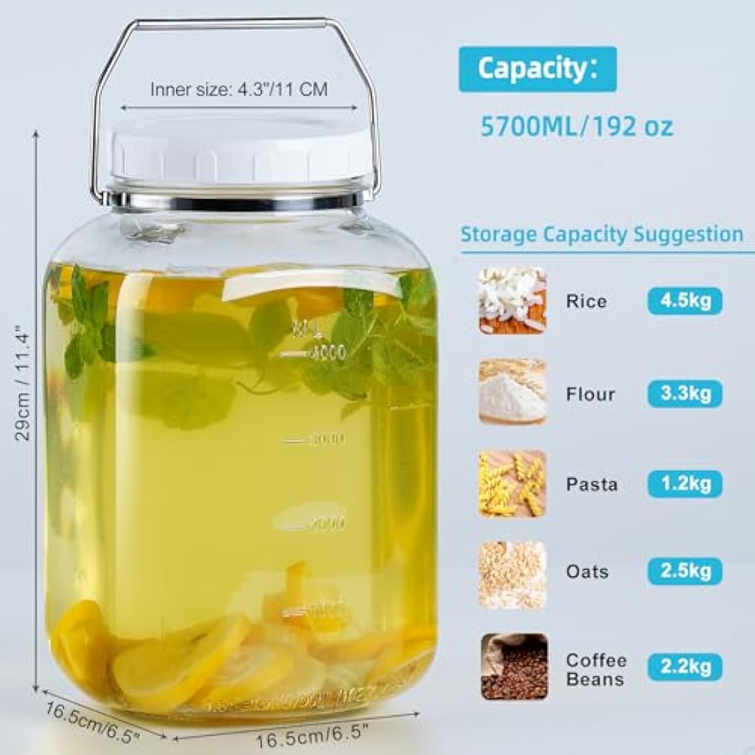 Absovetu 2 Pack Large Glass Jars with Lids Airtight 5.7 Litre - Square Glass Storage Jars with Handle Wide Mouth Mason Jar for Pasta Rice Pickle Cookie Sweet Biscuit Storage Containers