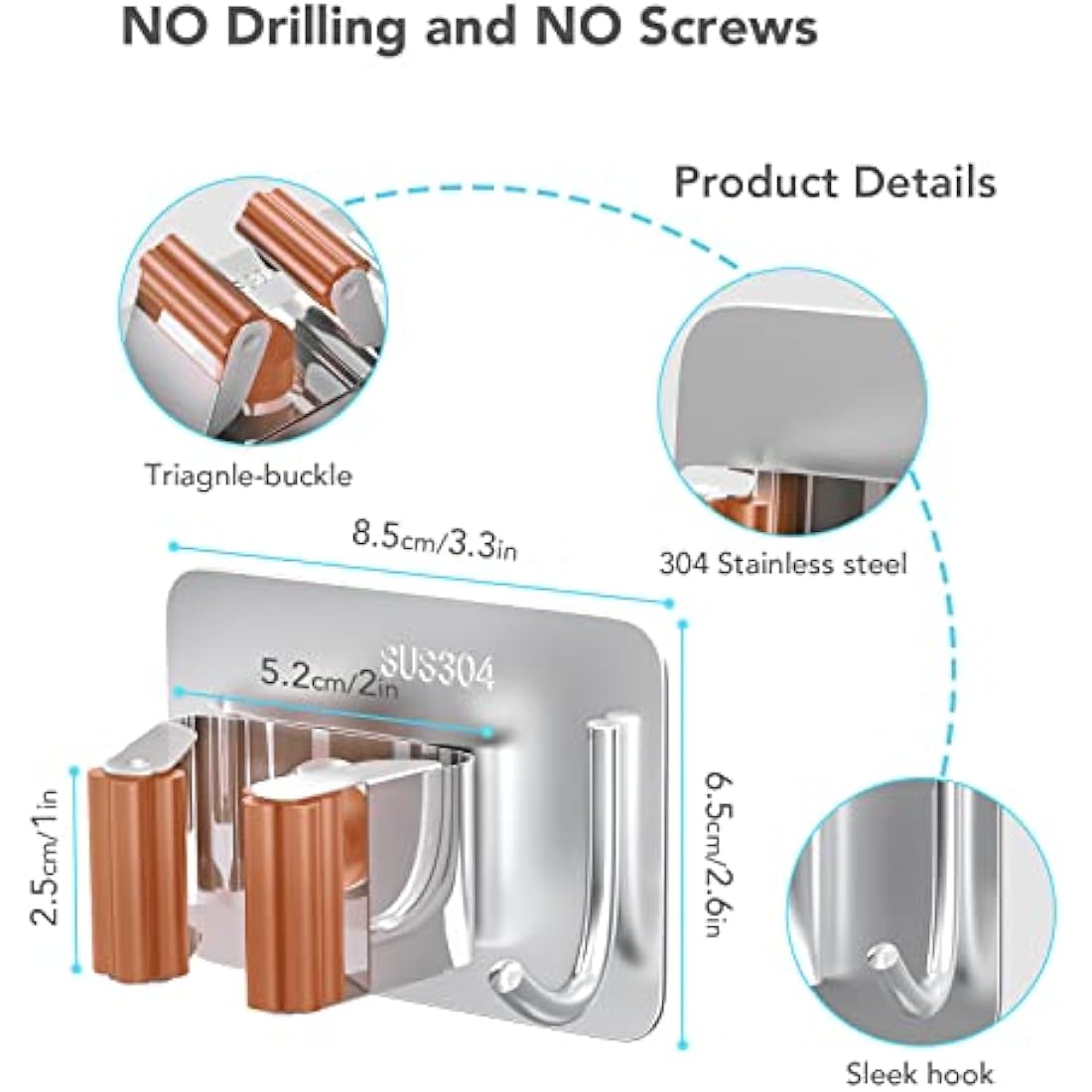 homeasy Mop Broom Holder, 4 Pcs Stainless Steel Self Adhesive Mop Holder Wall Mounted with Hooks Hanger Self-Adhesive Broom Holder (Orange)