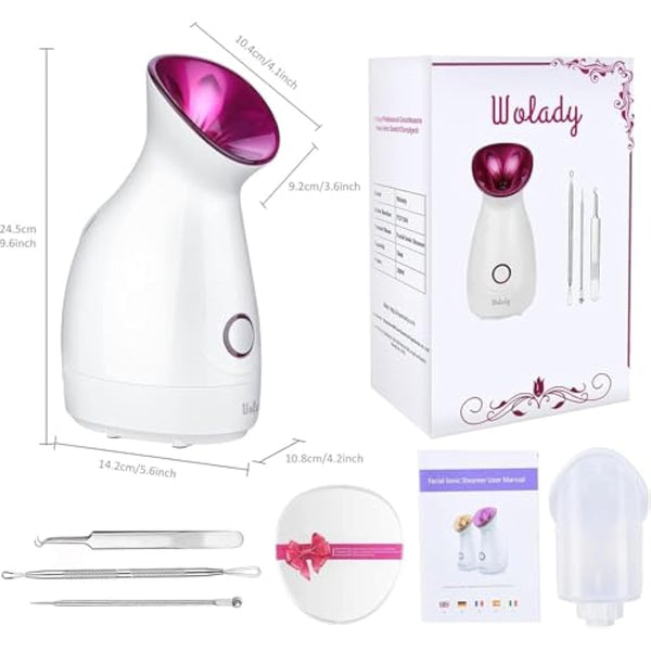 Facial Steamer, Wolady Nano Ionic Face Steamer for Pores with UV Light Hot Mist Moisturizing Sprayer Home Sauna SPA Bonus Blackhead Extractor Kit (Pink)