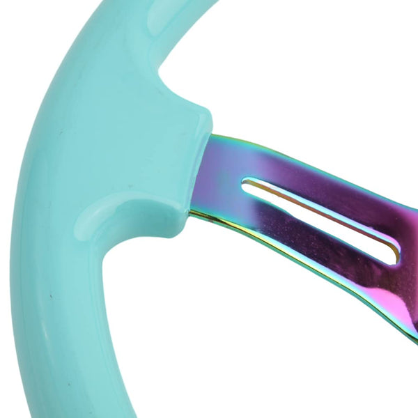 350mm Green Racing Steering Wheel Neo Chrome Spoke Universal 6 Bolts 45mm Deep Dish Classic ABS Wood Steering Wheel with Horn Button