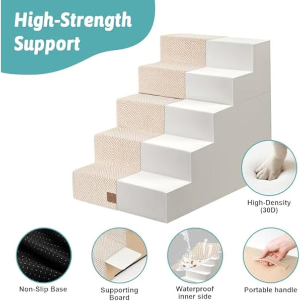 COZY KISS Wide Dog Stairs for Small Dogs, 2-in-1 Pet Steps for Couch Bed Sofa, 60cm High Non-Slip Dog Climbing Steps for Puppies and Old Cats with Support Board (Beige, 75x50x60cm, 5)