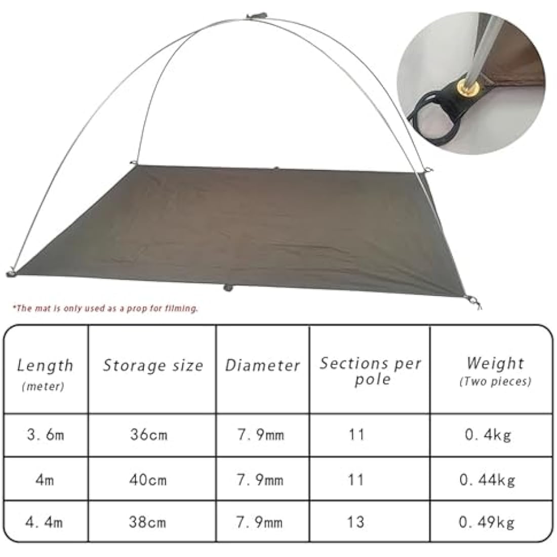 Tent Poles Replacement 3.6 m 4 m 4.4 m Aluminum Tent Rod 8 mm Flexible Tent Poles Bendy Outdoor Camping Collapsible Tent Frame Repair Accessory