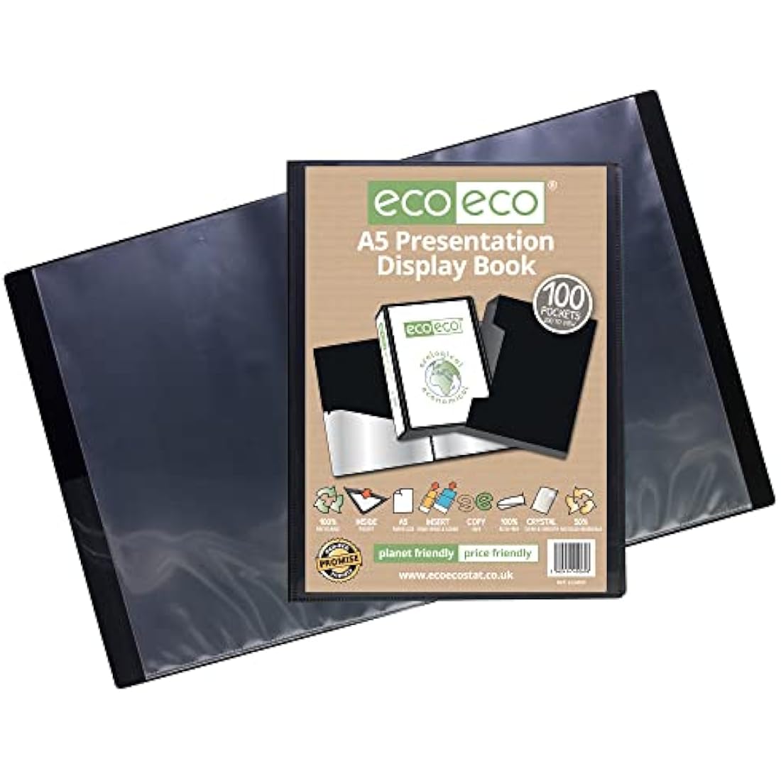 eco-eco A5 Size 50% Recycled 100 Pocket Black Presentation Display Book, Storage Case Portfolio Art Folder with Plastic Sleeves with Black Display Box