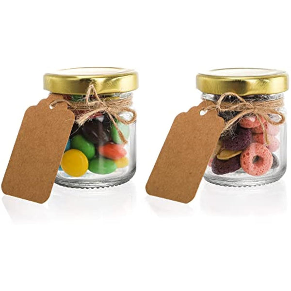 Kingrol 60 Pack Mini Glass Jars with Gold Screw Lids - 45ML Round Jars for Spices, Herbs, Jams, Crafts, Wedding Party Favors, Decor