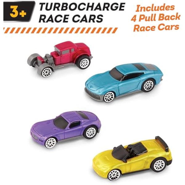 DRIVEN by Battat - Pull-Back 4 Pack Turbocharge Series Set with 4 Car Toys and Race Track Accessories for Girls and Boys, Age 3+