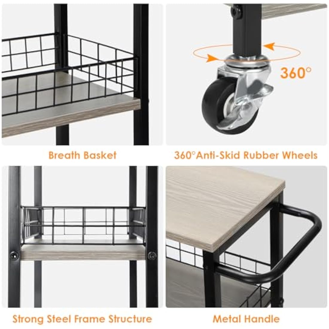 4 Tier Kitchen Storage Cart Slim Rolling Cart on Wheels Mobile Vegetable Rack with Wooden Tabletop Slide Out Utility with Handle for Living Room Laundry Pantry (Grey)