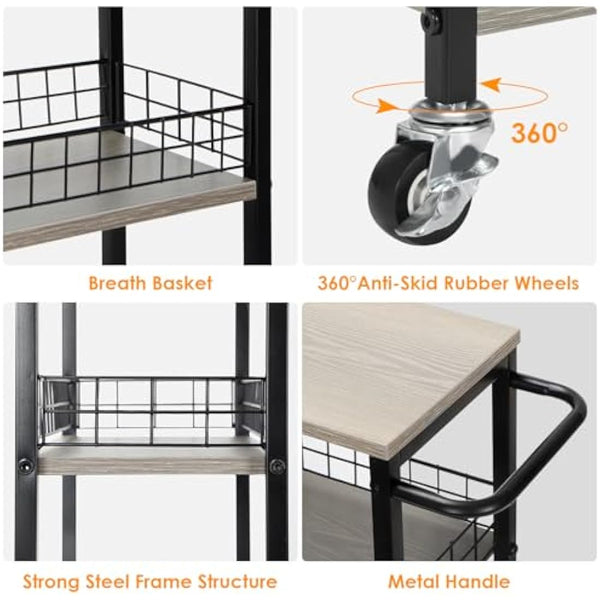4 Tier Kitchen Storage Cart Slim Rolling Cart on Wheels Mobile Vegetable Rack with Wooden Tabletop Slide Out Utility with Handle for Living Room Laundry Pantry (Grey)