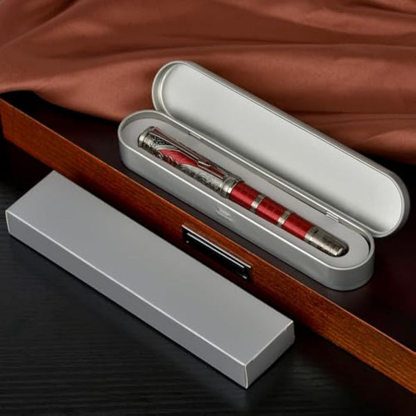 Hongdian D5X Fountain Pen Red Color Extra Fine Nib, Qin Dynasty Retro Chinese Totem Engraving Smooth Writing Pen with Converter and Pen Box Set