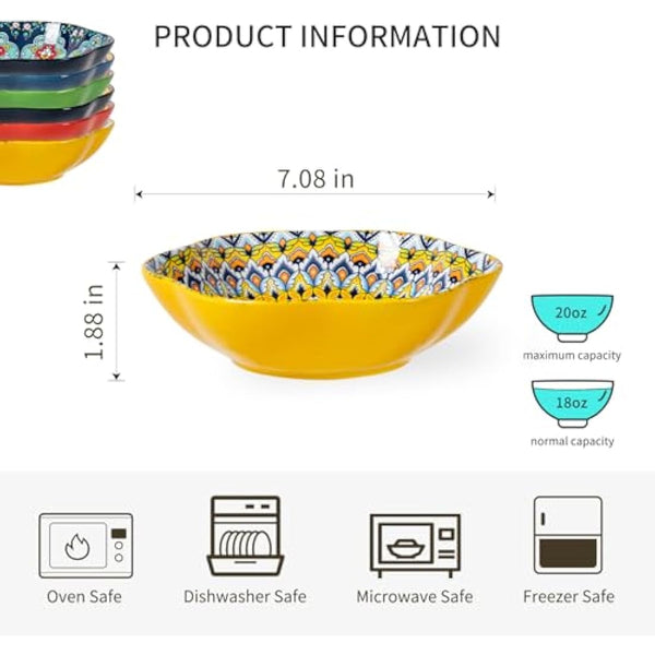 HENXFEN LEAD Porcelain Salad Bowl, 590ml Dessert Bowl Cereal Bowl, Multifunctional Flower Shaped Pasta Bowl for Ice Cream, Rice, Dessert, etc. Colourful, Pack of 6 - Bohemian Style