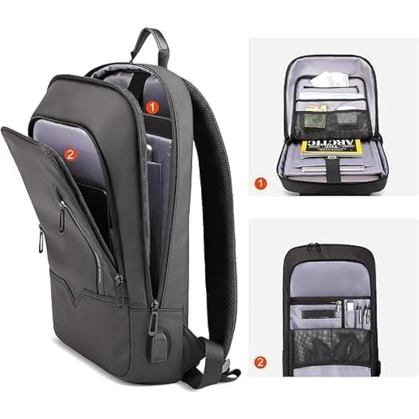 Laptop Backpack, Mens Computer Rucksack Lightweight Slim Laptop Rucksack Waterproof Daypack with USB Charging Port, Compact Bag Business Travel College School Bag for Office Work Outdoor-15.6'', Black