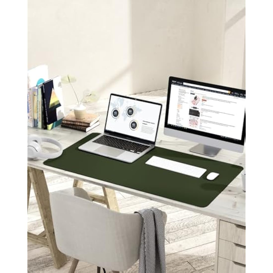 YSAGi Non-Slip Desk Pad, Waterproof PVC Leather Desk Table Protector, Ultra Thin Large Mouse Pad, Easy Clean Laptop Desk Writing Mat for Office Work/Home/Decor (90 x 43 cm, Pine Green)