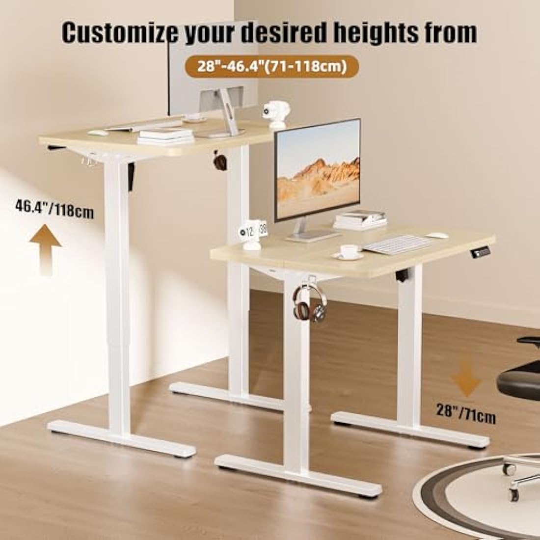 ERGOMAKER Electric Small Standing Desk 80x60cm Height Adjustable Desk, Sit Stand Desk with Memory Handse and Hooks, for Home Office (White Frame + Gold Oak Desktop)
