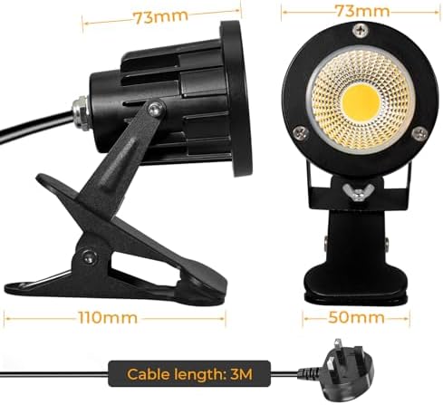 Milpoel COB LED Clip on Spot Lights, 7W, 3M Cord, IP65 Waterproof, for Indoor/Outdoor Pathway, Deck, Lawn, Patio, Walkway, Billboard (Warm Light, 2 Pack)