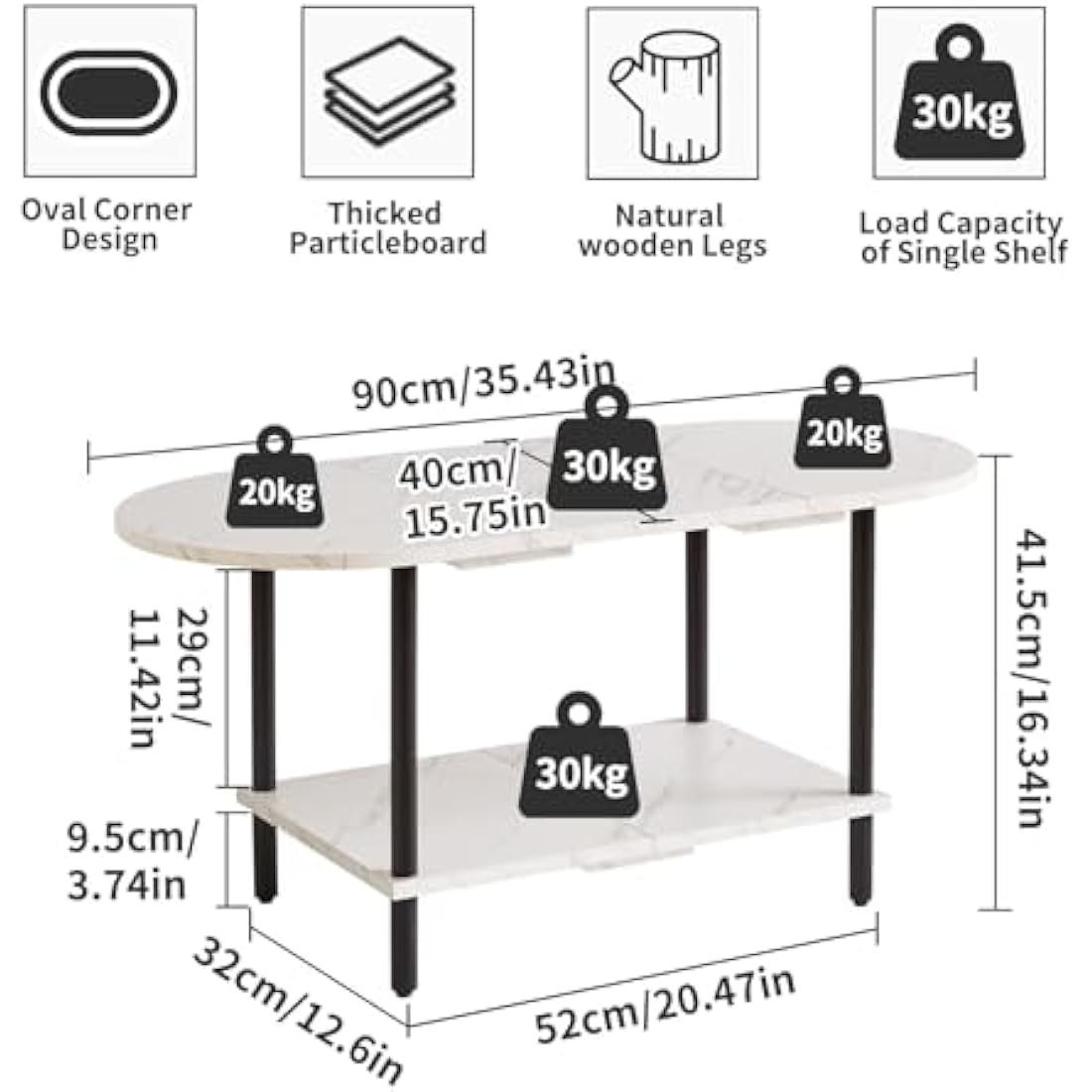 Aibiju Coffee Table, Small Living Room Table, Sofa Table with Wooden Legs and 2 Tier Storage for Living Room Home Office, 35x16x17inch White Faux Marble + Black, YD-011M