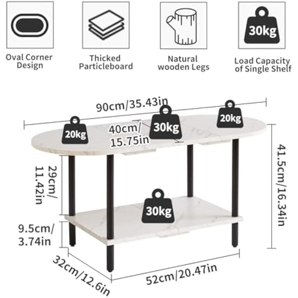 Aibiju Coffee Table, Small Living Room Table, Sofa Table with Wooden Legs and 2 Tier Storage for Living Room Home Office, 35x16x17inch White Faux Marble + Black, YD-011M