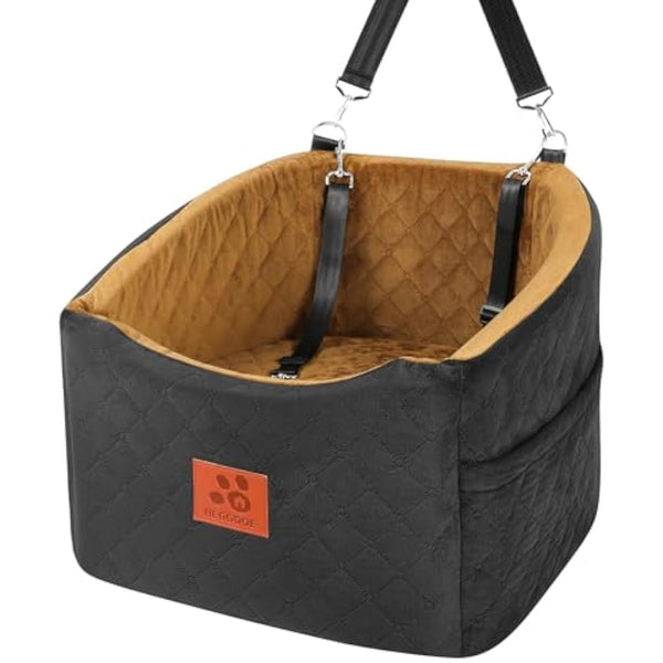 Dog Car Seat for Small Medium Dogs, Memory Foam Booster Car Seat for Dogs up to 35 lbs, Elevated Pet Car Seat, Travel Bed with Washable Removable Cover and Storage Pockets (Black/Coffee)